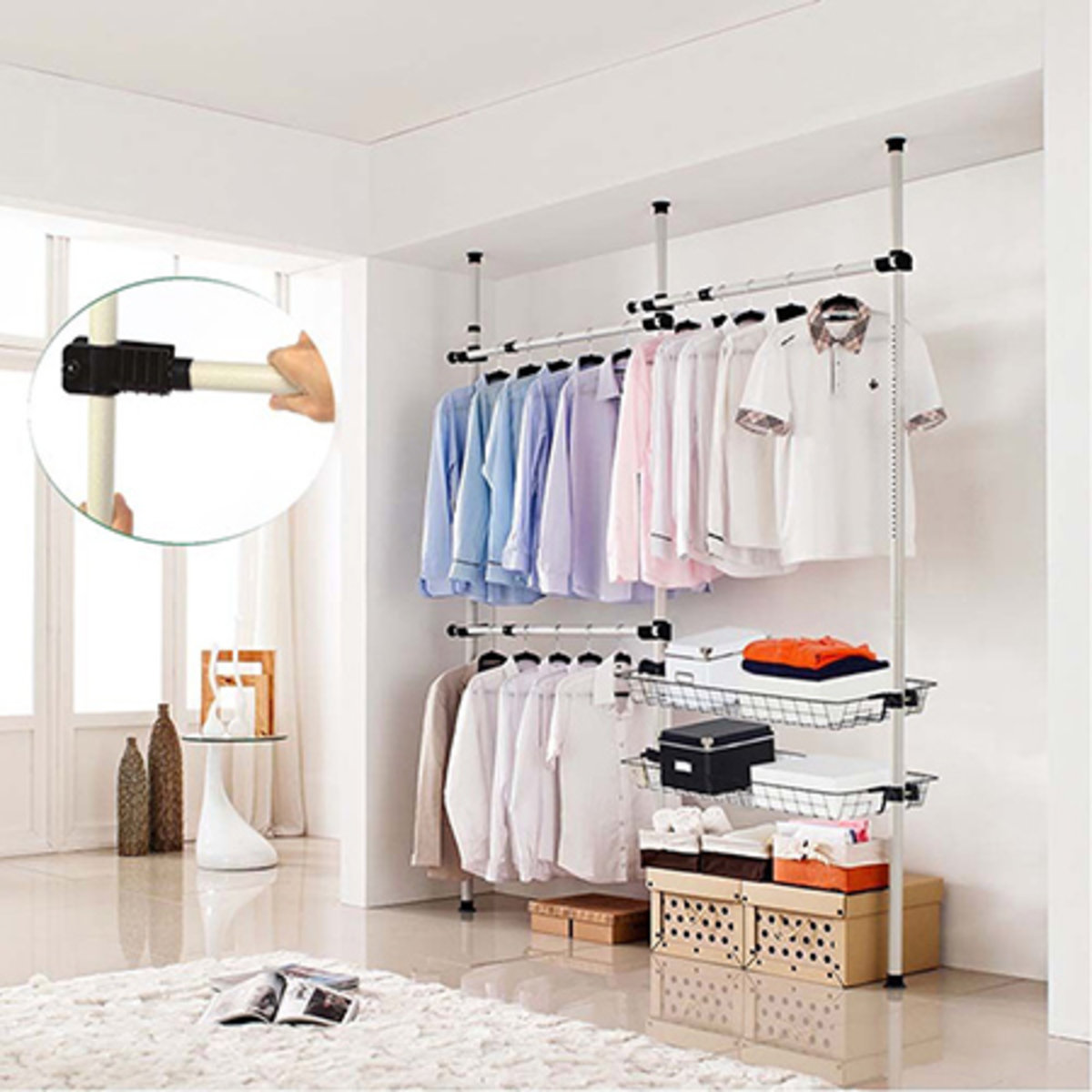 Roomroomy Floor To Ceiling 3 Poles Multi Function Clothes Rack