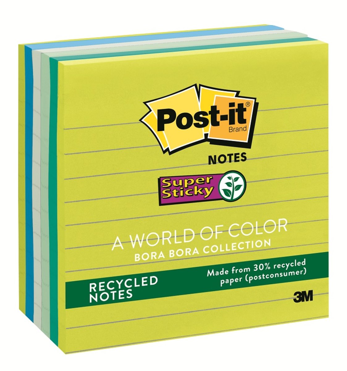 675-6SST Recycled Super Sticky Notes 4"x4" Bora Bora, Lined, 6 pads / pack