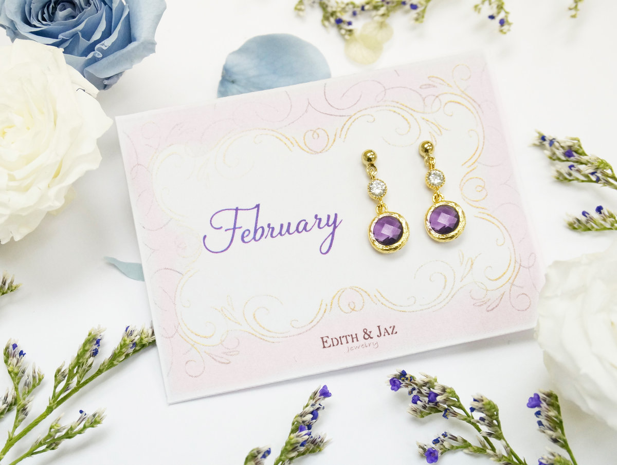 Birthstone with Cubic Stone Earrings - Amethyst Topaz (February)