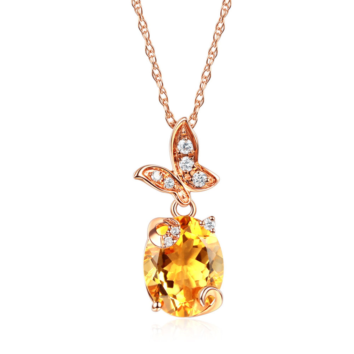 14K Rose Gold Butterfly Necklace Yellow Citrine with Chain 0.17 Carat Diamond
